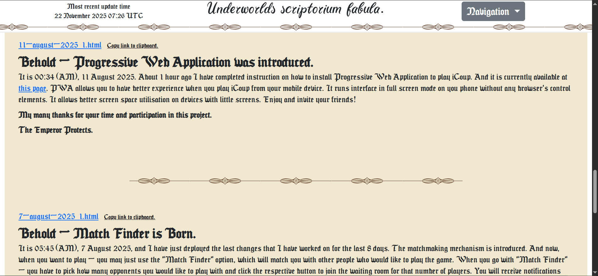 Capture d'écran de la page des fabulas du scriptorium avec un séparateur entre les fabulas.