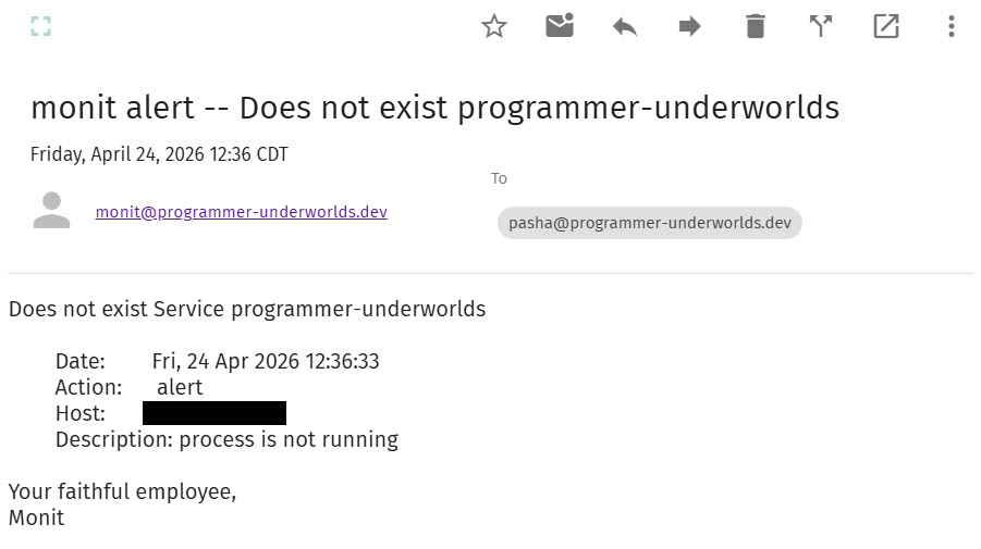 Lettre de monit indiquant que le processus programmer-underworlds est mort.