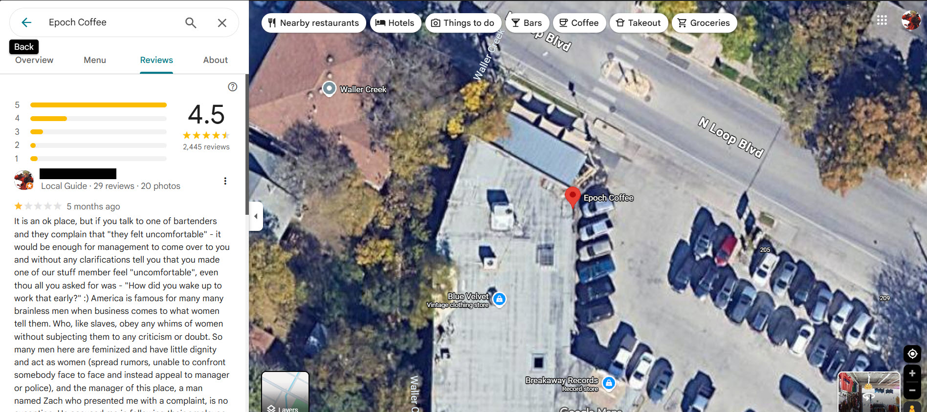 Capture d'écran de l'avis Google que j'ai laissé pour EpochCoffee.