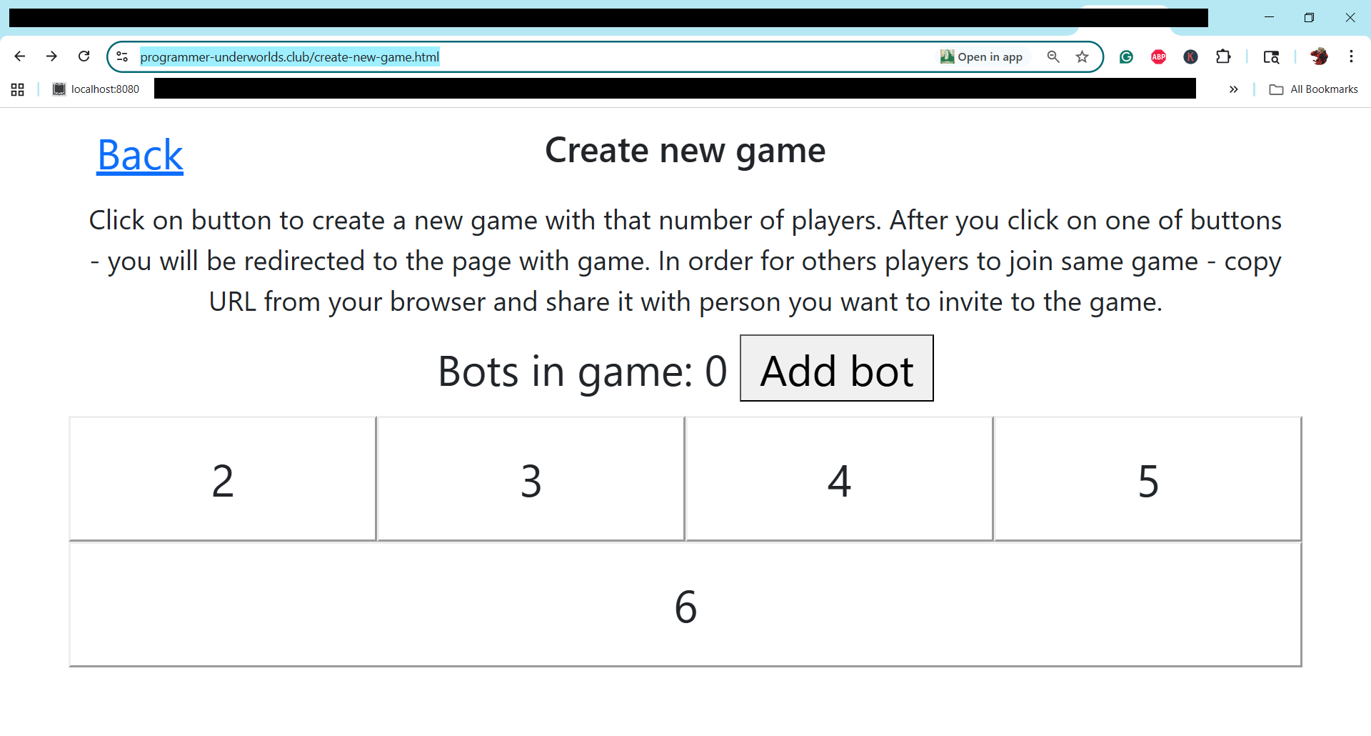 Capture d'écran de la page de création de nouveau jeu qui montre le bouton 'Ajouter un bot'.
