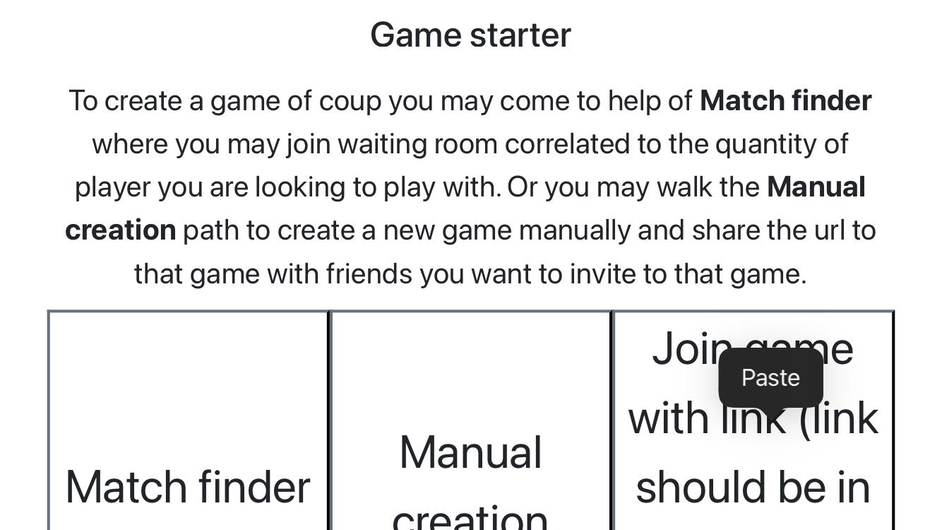 Capture d'écran de la page de démarrage du jeu après que le joueur a tapé sur
        le bouton 'Rejoindre le jeu avec un lien (le lien doit être dans votre presse-papiers)'.