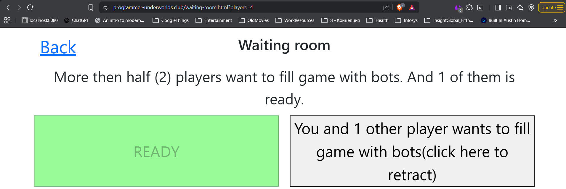 Capture d'écran de la page 'salle d'attente' lorsque plus de la moitié des joueurs ont voté pour remplir le jeu avec des bots et qu'un des joueurs a cliqué sur le bouton 'PRÊT'.