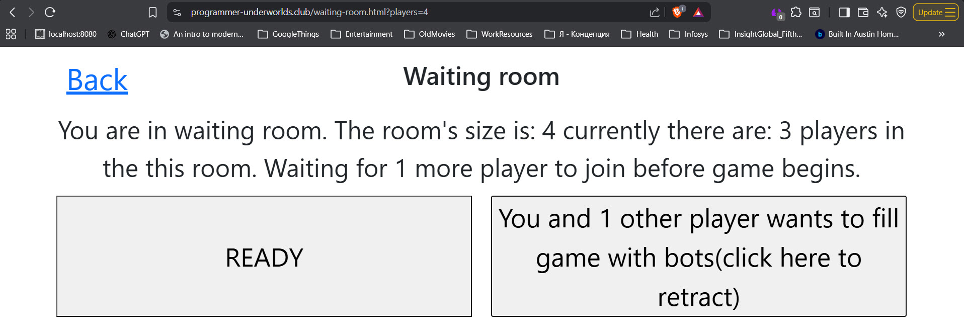 Capture d'écran de la page 'salle d'attente' lorsque plus de la moitié des joueurs ont voté pour remplir le jeu avec des bots.