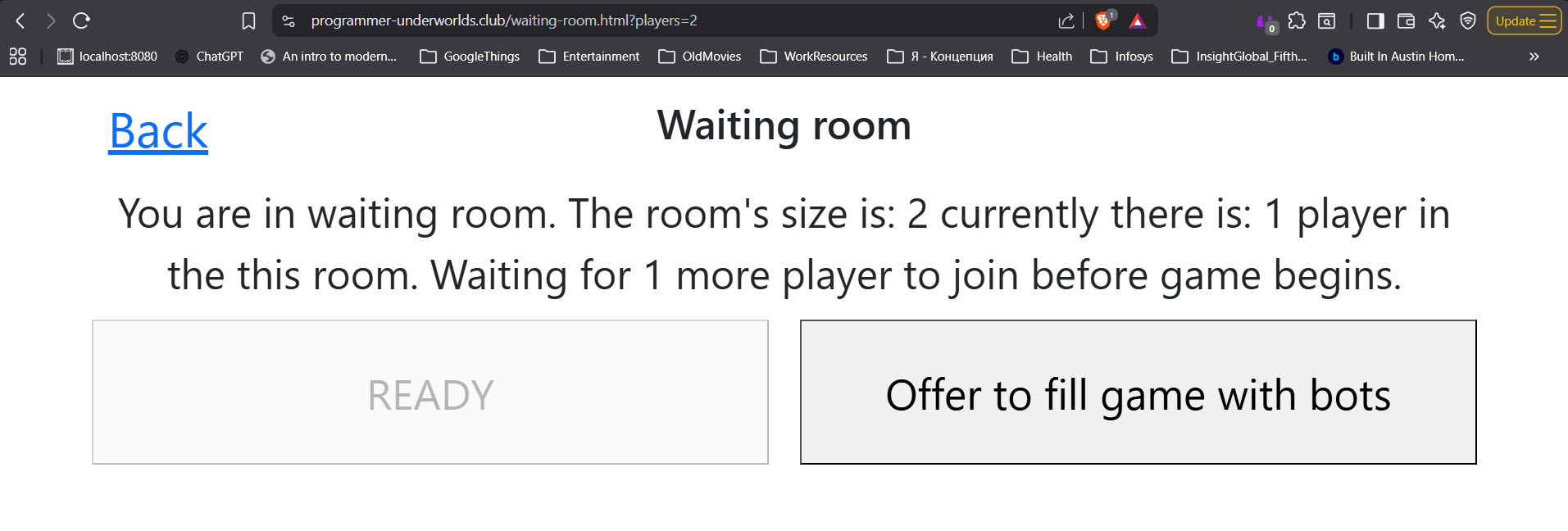 Capture d'écran de la page 'salle d'attente' avec le bouton 'Offre de remplir le jeu avec des bots'.